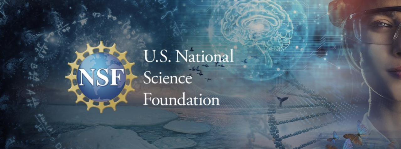The logo of the US National Science Foundation in the middle with a person in a lab outfit on the right edge of the banner
