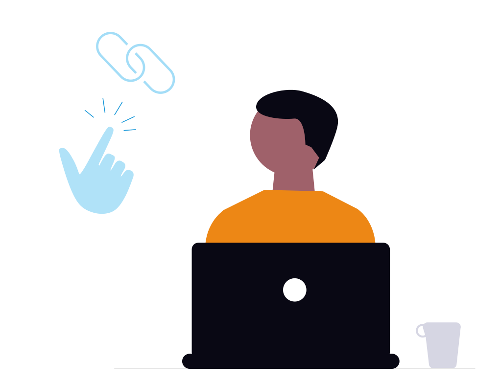 A stylized illustration of a person at a laptop, and near their head is a cursor clicking a hyperlink.