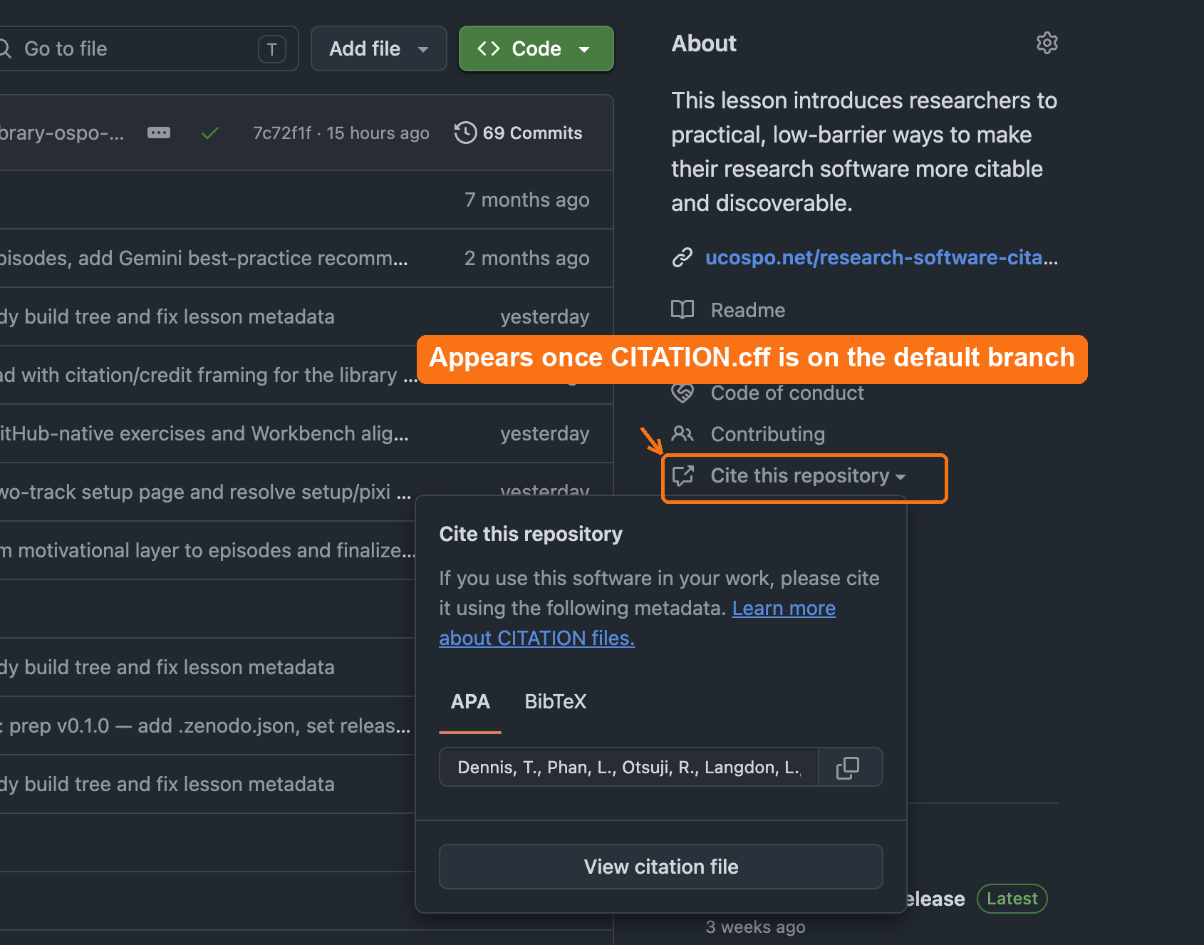 A GitHub repository sidebar with the 'Cite this repository' link highlighted and its citation panel open, showing APA and BibTeX tabs.