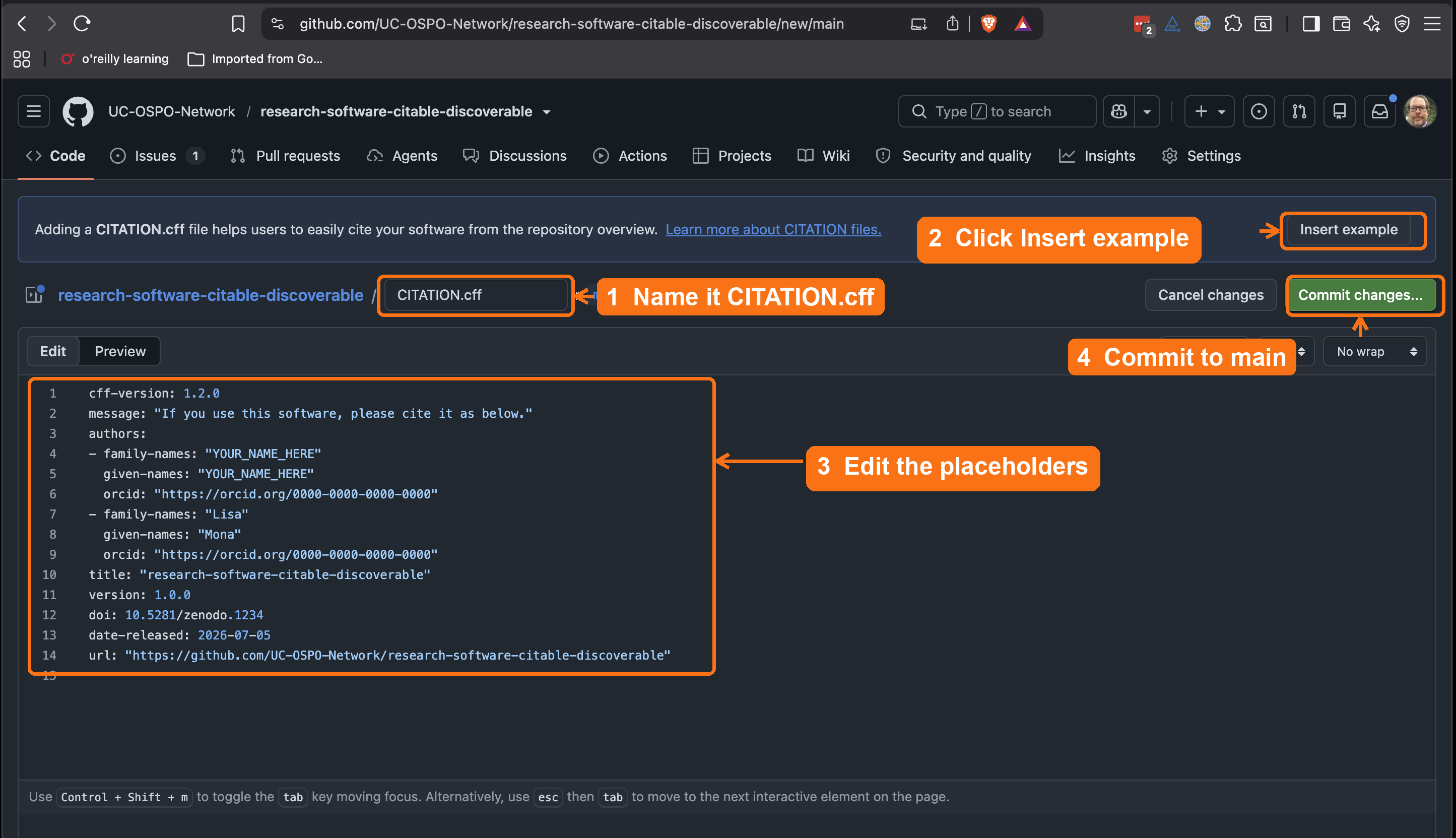 GitHub's create-new-file editor with the filename CITATION.cff, the Insert example button, the template in the edit pane, and the Commit changes button all highlighted and numbered one through four.