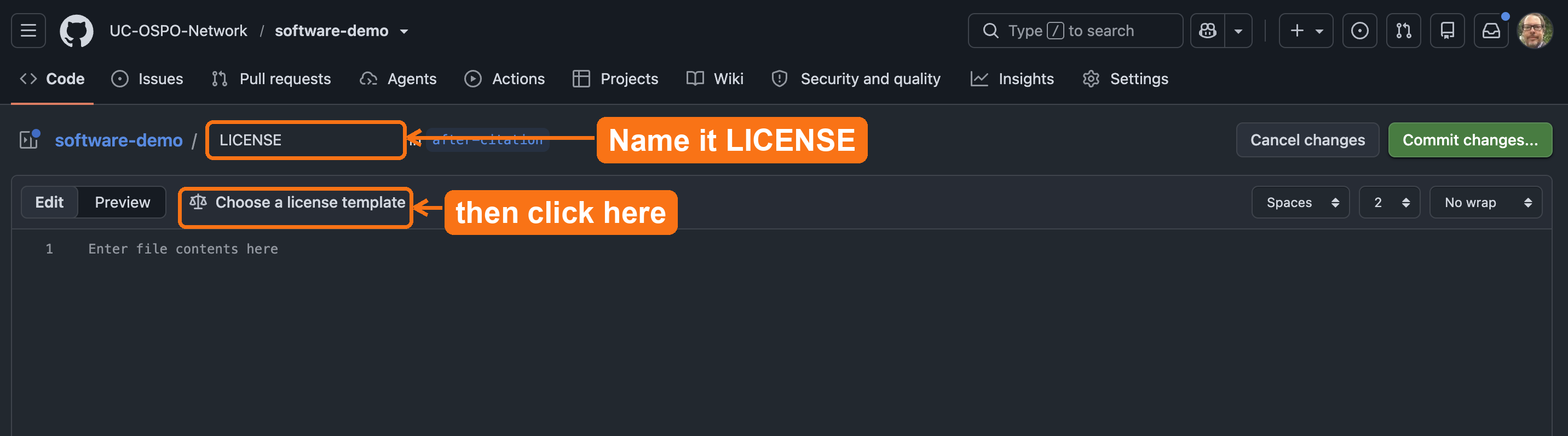 GitHub's create-new-file page in the software-demo repository, with the filename field set to LICENSE and the 'Choose a license template' button both highlighted.