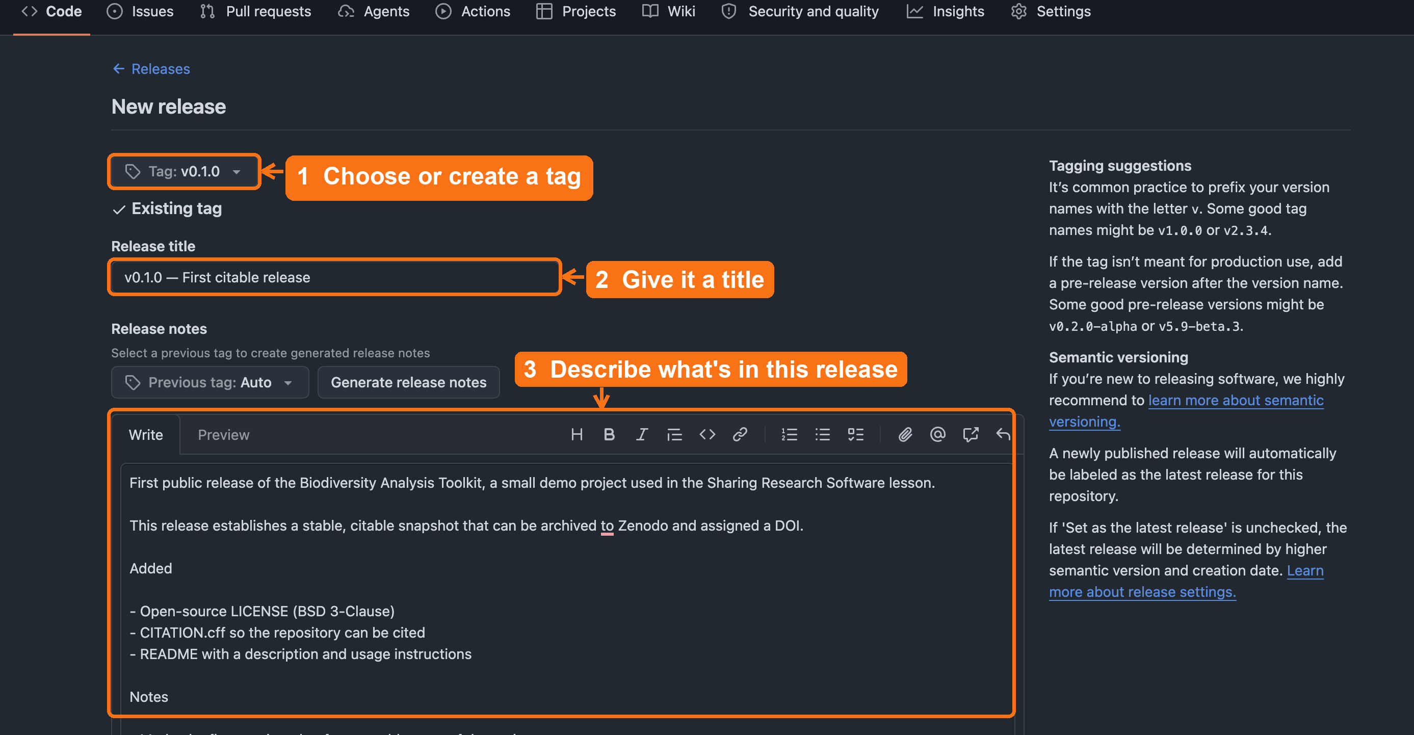 GitHub's Draft a new release form with the tag selector, release title field, and release notes editor highlighted and numbered one through three.