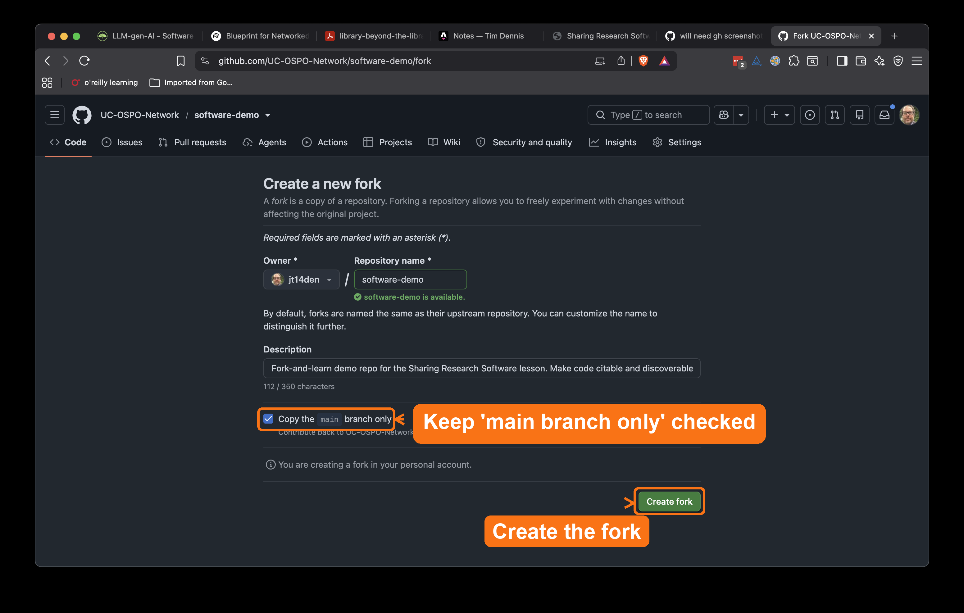 GitHub Create a new fork page for software-demo, with the 'Copy the main branch only' checkbox and the green 'Create fork' button highlighted.