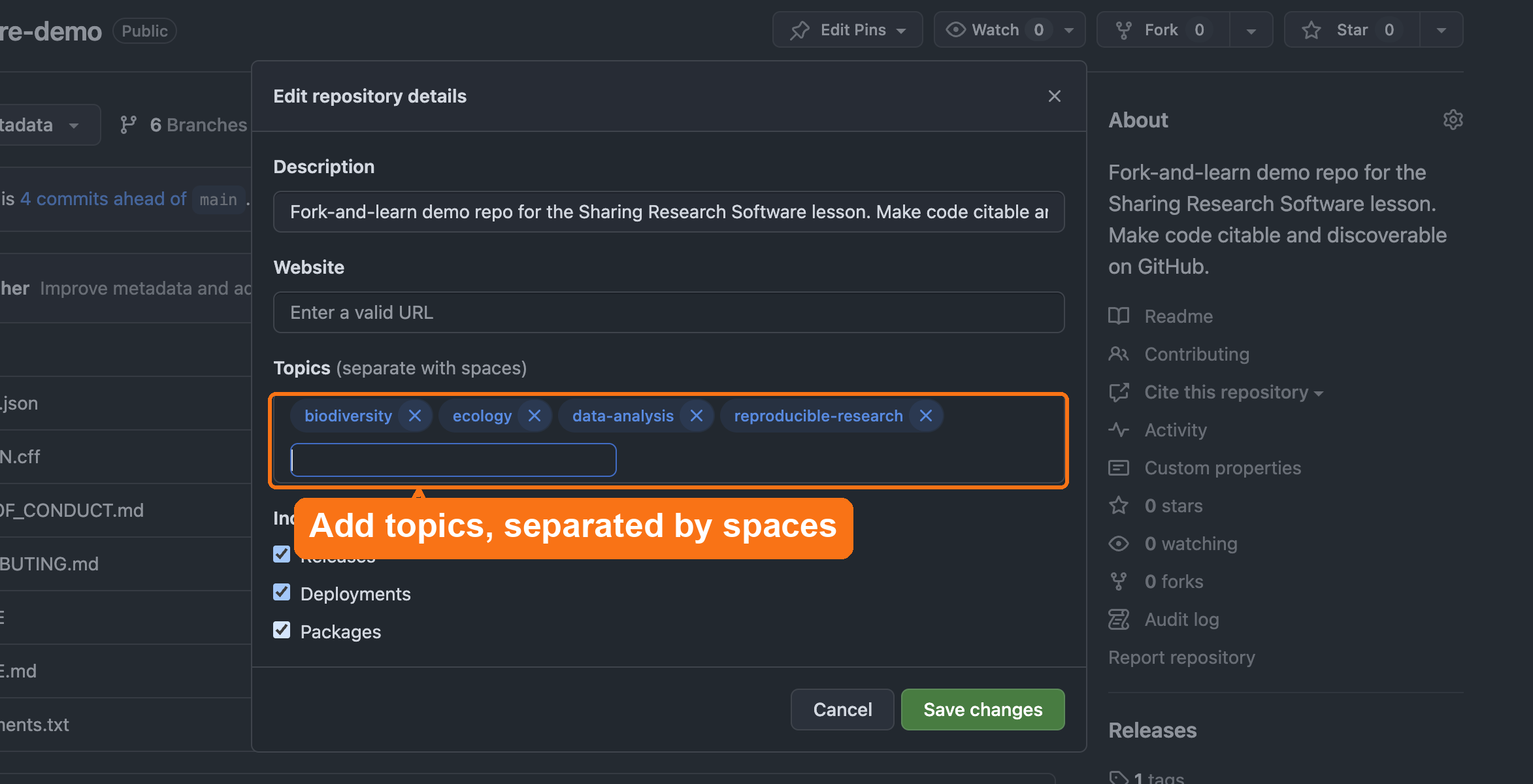 GitHub's 'Edit repository details' dialog with the Topics field highlighted, showing example topics such as biodiversity, ecology, and data-analysis.