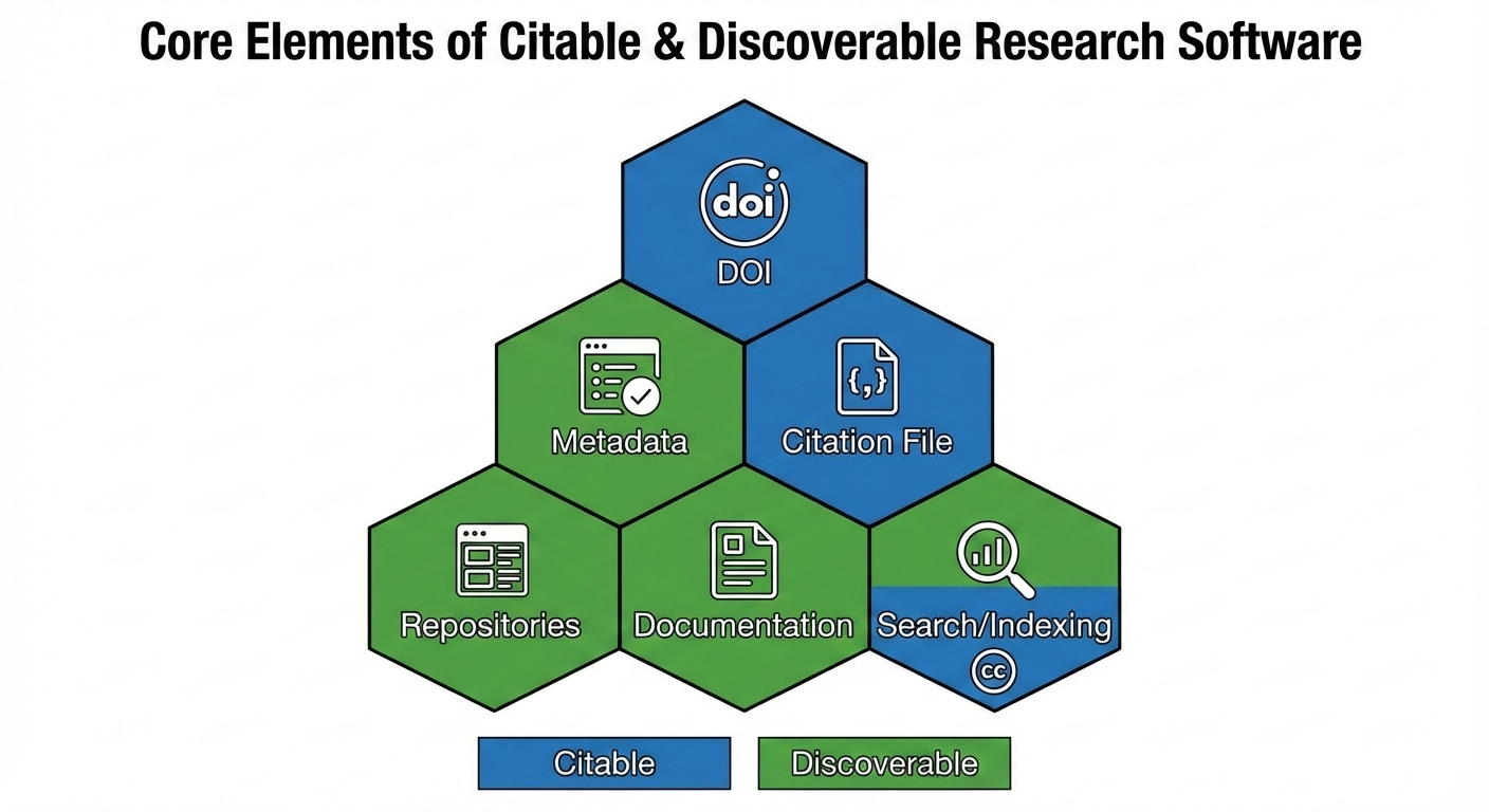 Hex-style icon representing research software, metadata, and citation