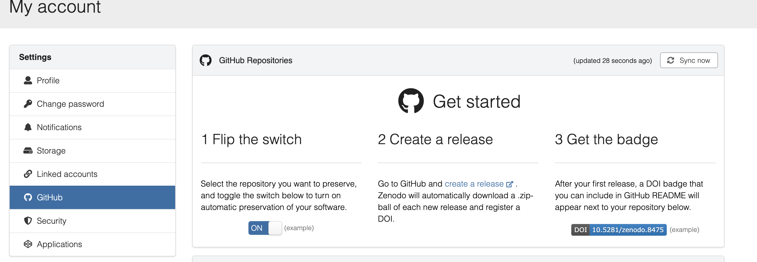 Zenodo Sandbox 'Get started' panel showing three numbered steps: Flip the switch, Create a release, and Get the badge.