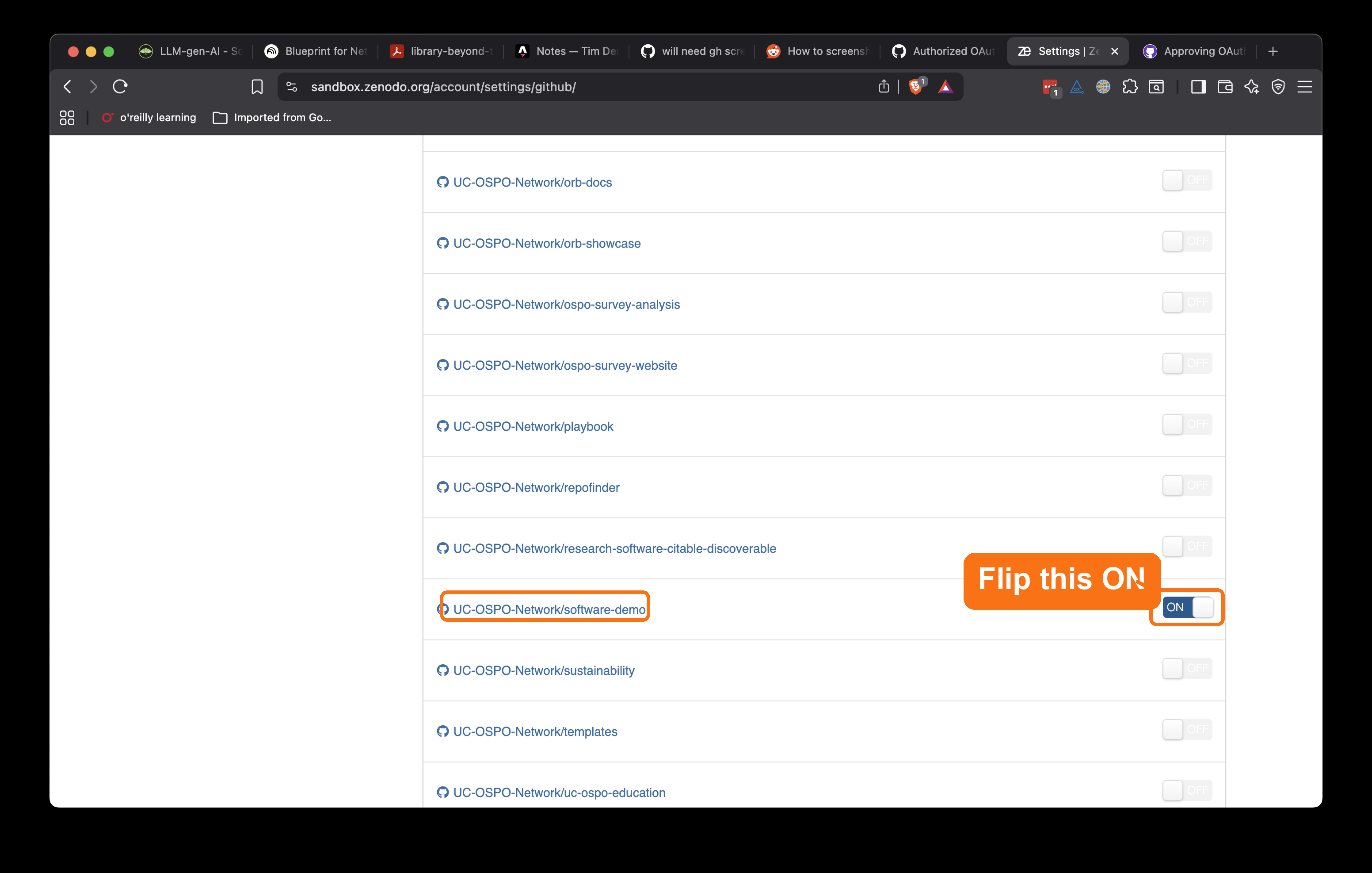 Zenodo Sandbox GitHub repositories list with the software-demo row highlighted and its toggle switched ON.